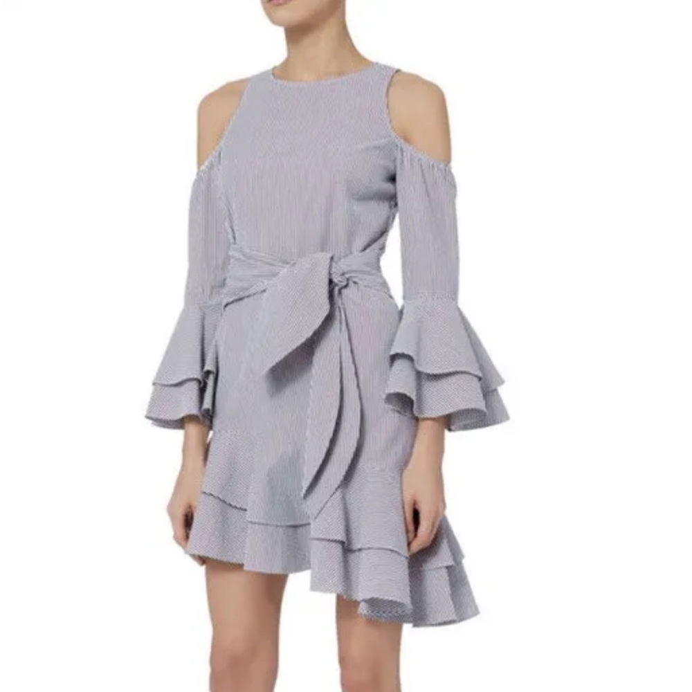Intermix Size 2 Ellie Striped Asymmetric Bell Sleeve Belted Dress